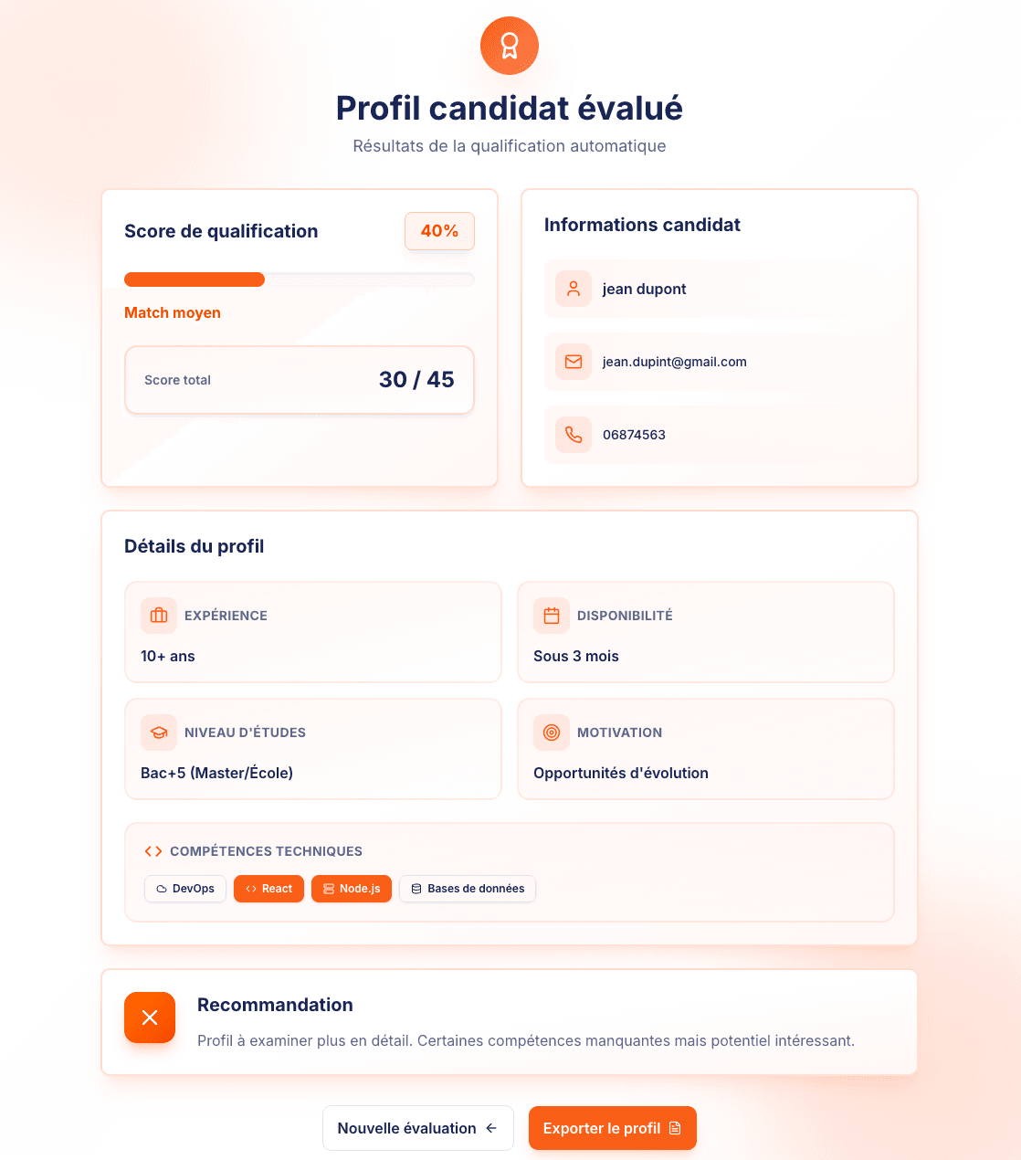 Aperçu de Outil de qualification candidats